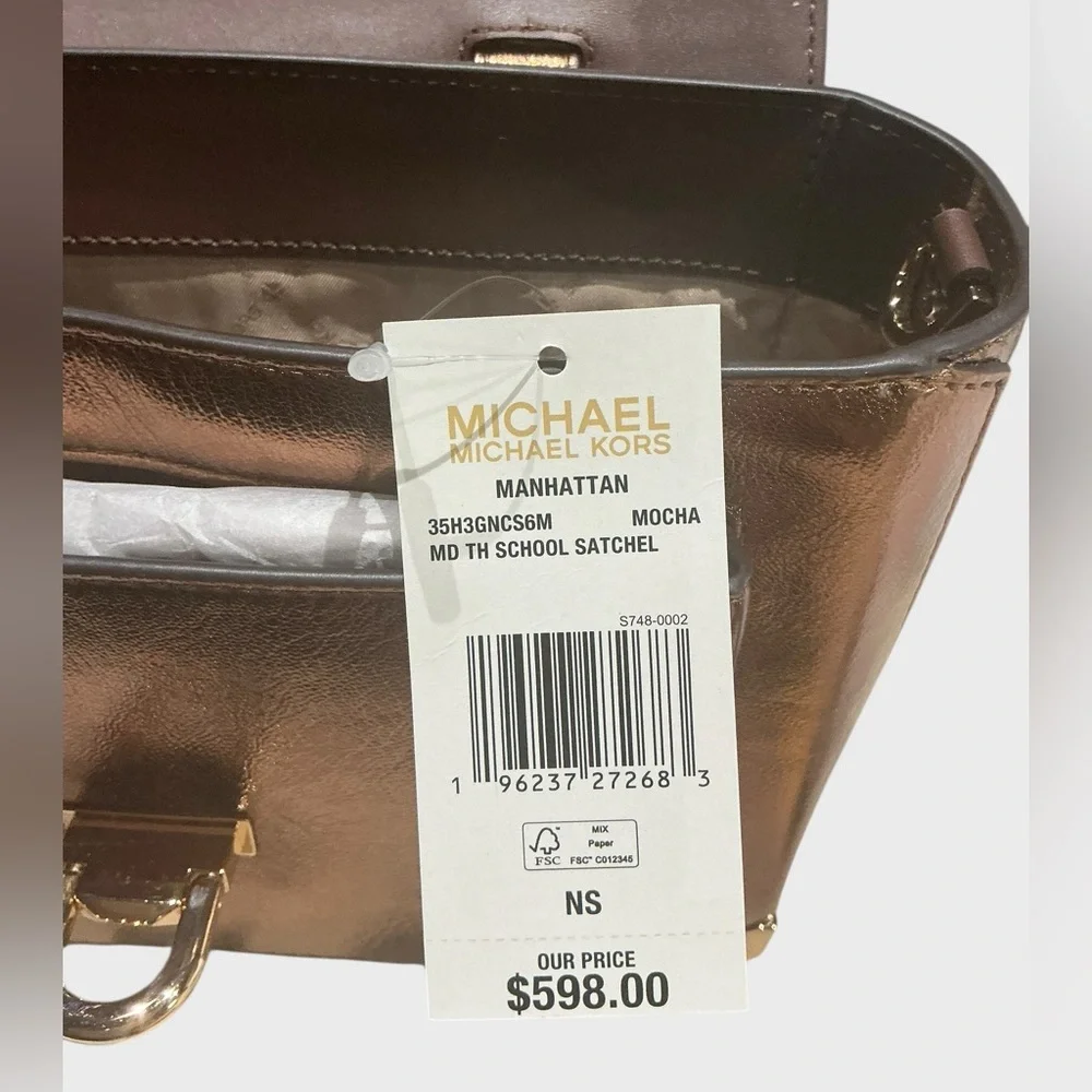 Michael Kors Manhattan Medium Satchel Mocha Leather Gold NWT